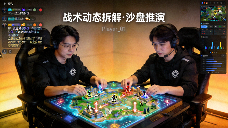 电竞直播主画面：职业选手正在进行战术动态拆解与沙盘推演