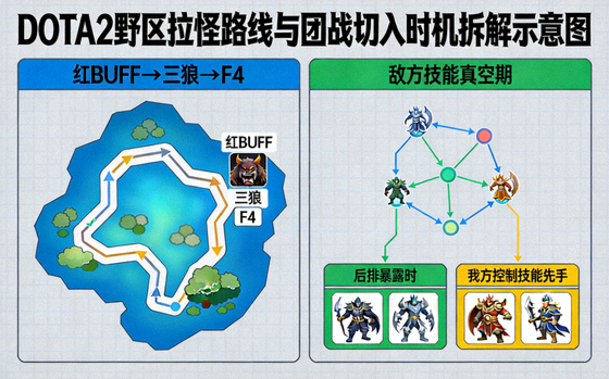 DOTA2 野区拉怪路线与团战切入时机拆解示意图